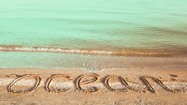 砂の上のビーチで海を記述します 砂の上の碑文 ビーチ — ストック動画