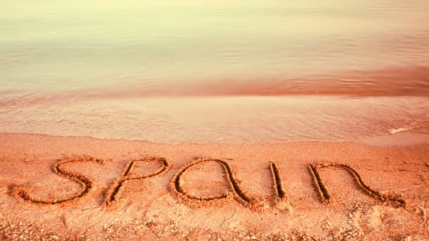 Надпись Испания Песке Надпись Песке Пляж — стоковое видео