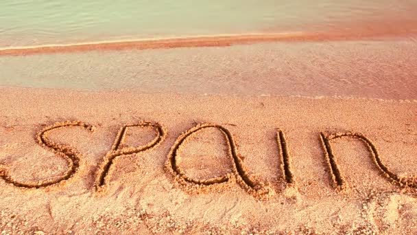 Надпись Испания Песке Надпись Песке Пляж — стоковое видео