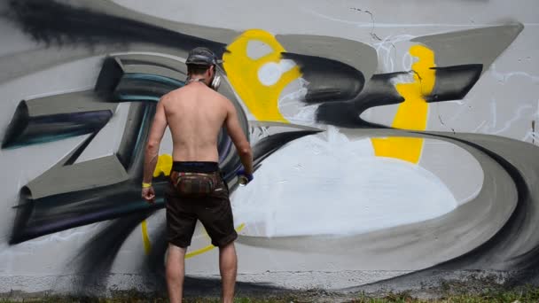 Konstnären Ritar Graffiti Ett Staket Abstraktion — Stockvideo