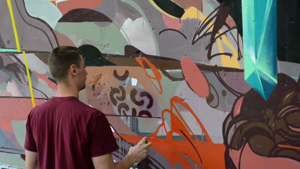 Process Creation Graffiti Fence Artist Draws Graffiti — Stock Video