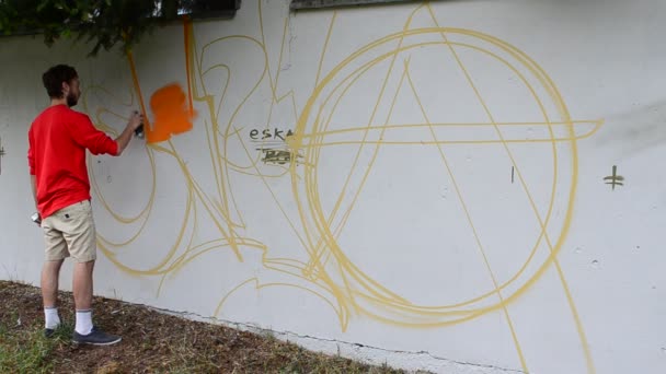 Καλλιτέχνης Ζωγραφίζει Γκράφιτι Ένα Φράχτη — Αρχείο Βίντεο