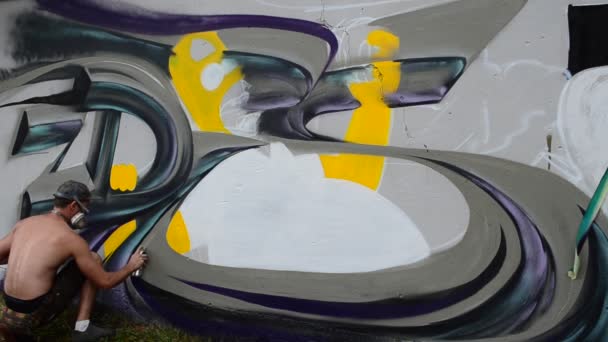 Διαδικασία Δημιουργίας Γκράφιτι Φράχτη Καλλιτέχνης Ζωγραφίζει Γκράφιτι — Αρχείο Βίντεο