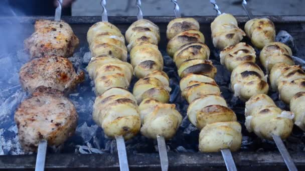 Technologie Préparation Viande Feu Shish Kebab Travail Cuisinier — Video