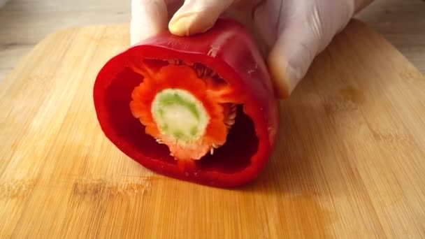 Cook Cuts Red Sweet Pepper Knife Slow Motion — Stock Video