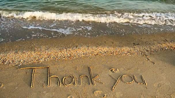 ビーチで砂の中に手書きでありがとうございました 浜辺での銃撃戦 — ストック動画