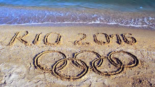 Rio 2016 Eine Inschrift Auf Sand Der Strand Symbol Olympisches — Stockvideo