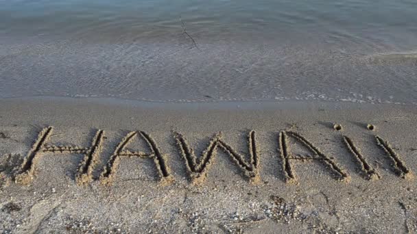 Napis Hawaje Wykonany Pięknej Plaży Napis Piasku Plaża — Wideo stockowe