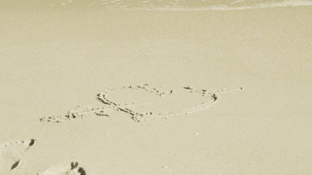 砂の上の心臓 波によって洗い流されます 砂の上のハート — ストック動画