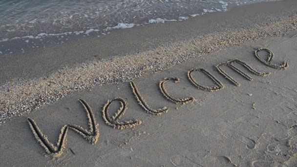 Inschrift Auf Sand Der Strand Sonnenuntergang Drehzeit — Stockvideo