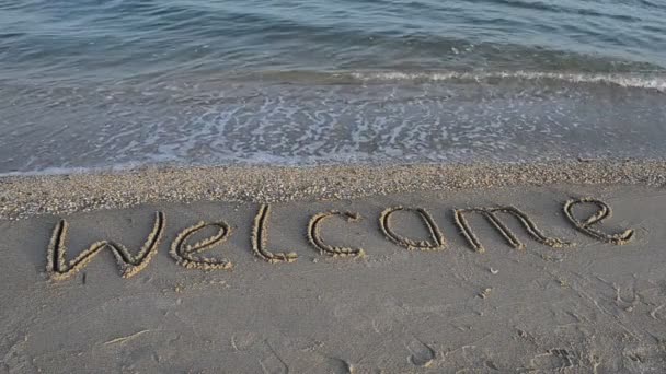 Inscripción Arena Playa Puesta Sol Tiempo Disparo — Vídeo de stock