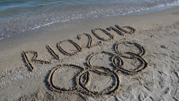 Rio 2016 Надпис Піску Пляжі Символічна Олімпійська Гра Піску Пляж — стокове відео