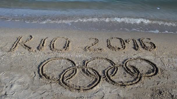 Rio 2016 Een Inscriptie Zand Het Strand Symbool Olympisch Spel — Stockvideo