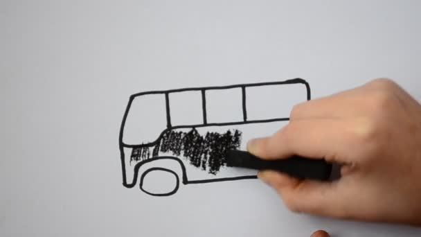 Niño Dibuja Autobús Dibujo Sobre Papel Blanco — Vídeo de stock