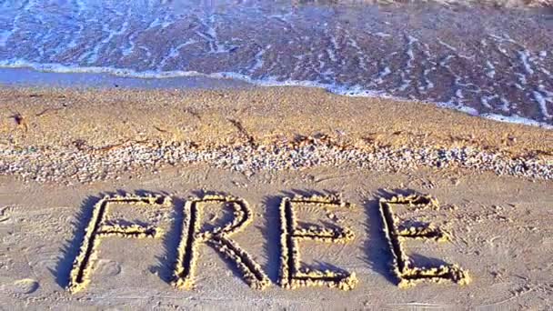 Επιγραφή Ελεύθερη Στην Άμμο Την Παραλία Επιγραφή Στην Άμμο — Αρχείο Βίντεο