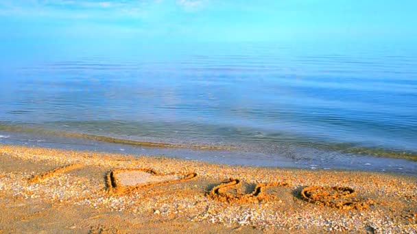 Inskriptionen Sand Jag Älskar Det Skytte Stranden — Stockvideo