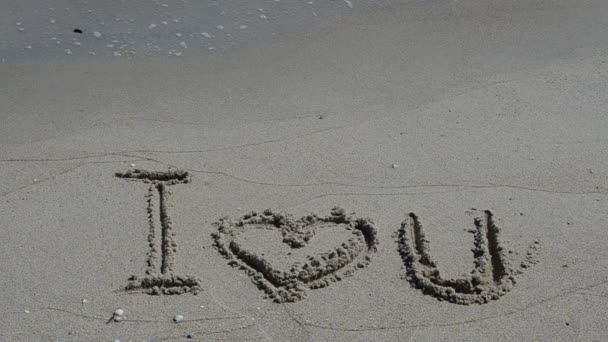 Люблю Тебе Напис Піску Зйомки Пляжі — стокове відео