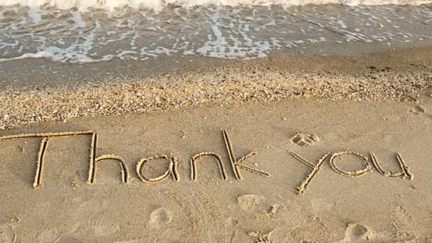 Ευχαριστώ Γραμμένη Χέρι Στην Άμμο Μια Παραλία Πυροβολισμοί Στην Παραλία — Αρχείο Βίντεο