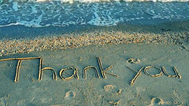 Obrigado Escrito Mão Areia Uma Praia Tiro Praia — Vídeo de Stock
