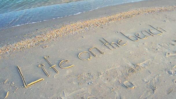 Disparos Playa Concepto Vida Playa Inscripción Una Arena Playa Con — Vídeo de stock