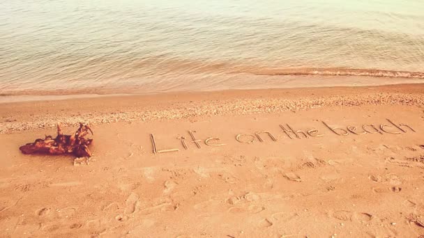 Schießen Strand Leben Strand Konzept Inschrift Auf Einem Strand Sand — Stockvideo