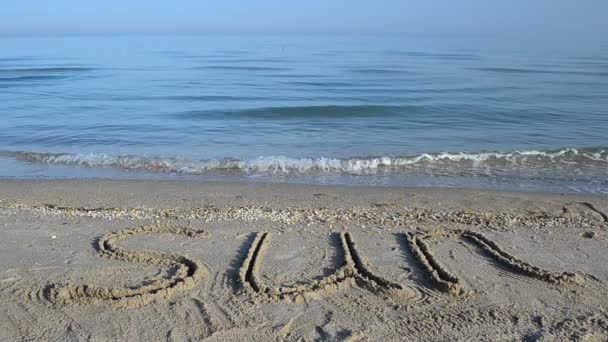 Schießen Strand Inschrift Auf Sand — Stockvideo