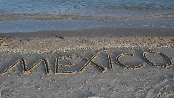 Playa Tropical México Escribiendo Sobre Arena Inscripción Arena Playa — Vídeos de Stock