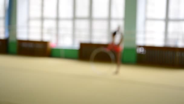 Gymnast Carries Out Exercises Hoop Out Focus Gymnast Carries Out — Stock Video