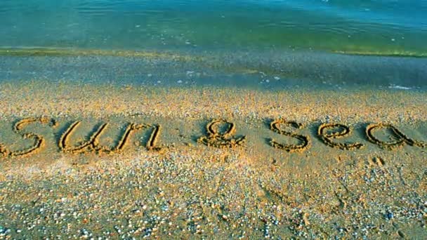 Inscrição Sol Areia Praia Dia Ensolarado Relaxar — Vídeo de Stock