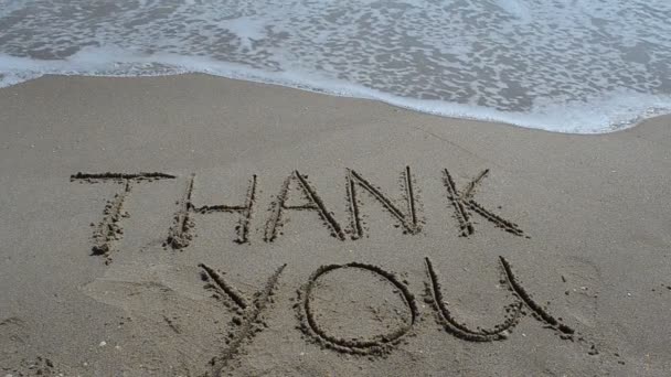 ビーチで砂の中に手書きでありがとうございました 浜辺での銃撃戦 — ストック動画