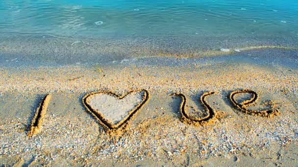 Напис Піску Люблю Зйомки Пляжі — стокове відео
