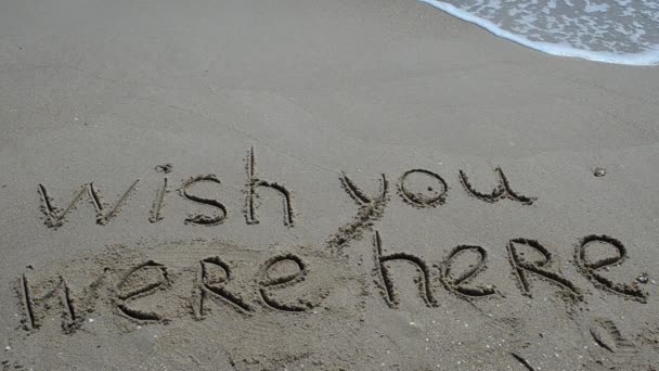 Konzeptioneller Wunsch Sie Wären Hier Handgeschriebener Text Sand Strand Schießen — Stockvideo