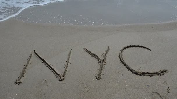 Напис Nyc Піску Постріл Пляжі — стокове відео