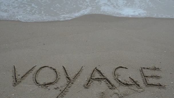 Inscription Wet Sand Voyage Shooting Beach — Stock Video