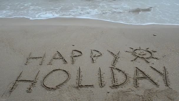 Καλές Γιορτές Γραμμένο Στην Άμμο Στην Παραλία Σχέδιο Διακοπών Πυροβολισμοί — Αρχείο Βίντεο