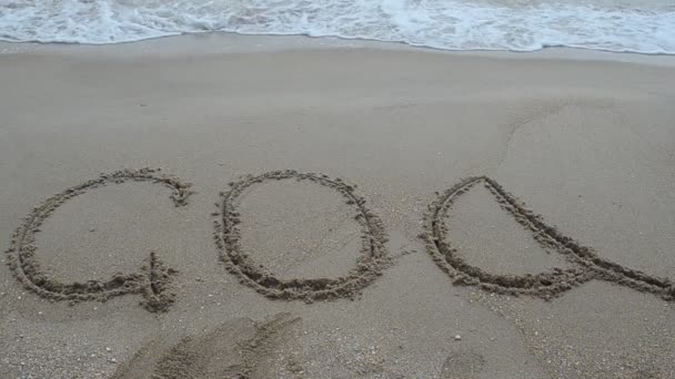 Goa Nın Adı Okyanus Kıyısındaki Kumsalda Geçiyor Sahilde Çekim Yapmak — Stok video