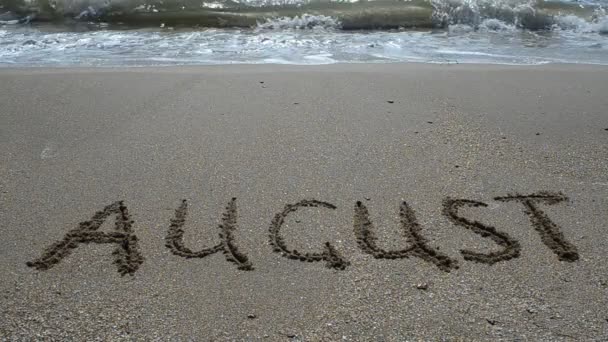 Inschrift Des Monatsnamens Auf Sand Strand Schießen Strand — Stockvideo