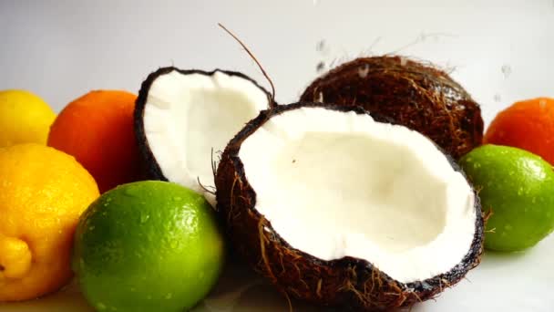 トロピカルフルーツの中にジューシーなココナッツの肉 スローモーション — ストック動画