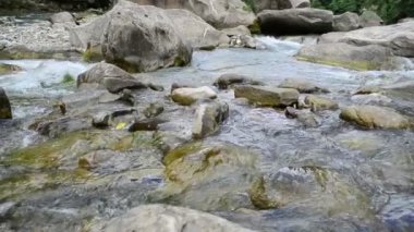 Dağ nehri. Ağır çekim. Dağ nehrindeki akıntı. Dağlarda çekim yapmak.