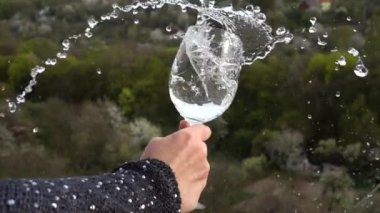 Ağaçların arka planına bir bardak su sıçrat. Yavaş çekim.