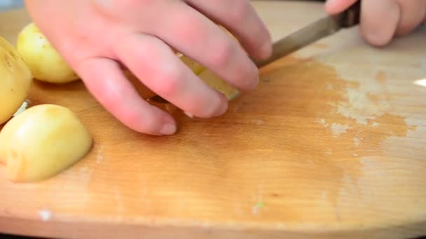 Cook Cuts Potato Cuts Board — Stock Video