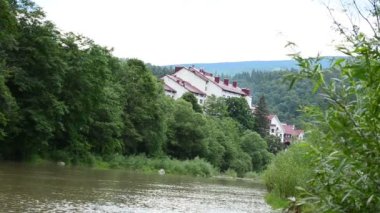 Dağ nehrinin dalgalı nehirleri. Su ve taşlar, nehir akıntısı