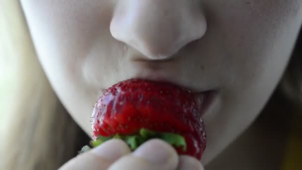 Girl Eats Strawberry — Stock Video