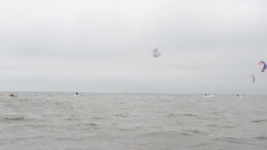 Rüzgarlı havada hava sörfü. Yelkenli altında sörf tahtası üstünde