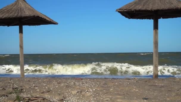 Stro Parasols Zeegolven Langzame Beweging — Stockvideo