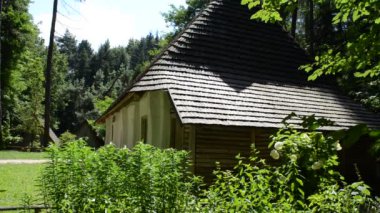 Bahçe ve ev çok eski. Ormandaki köy, tepe bölgesi. Lviv, Ukrayna.