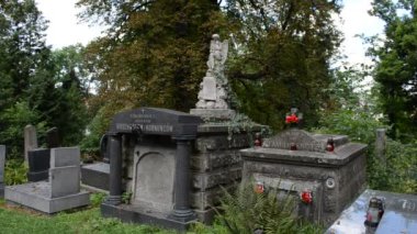 Mezarlıktaki mezar taşları. Lviv, Ukrayna. Lychakovsky Mezarlığı, Ukrayna 'nın en eski mezarlarından biri olan Lychakov' un tarihi bölgesi Lviv 'deki tarihi ve anıtsal (1991' den beri) bir mezarlıktır..