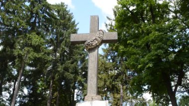 Ağaçlara karşı çapraz. Lviv, Ukrayna. Lychakovsky Mezarlığı, Ukrayna 'nın en eski mezarlarından biri olan Lychakov' un tarihi bölgesi Lviv 'deki tarihi ve anıtsal (1991' den beri) bir mezarlıktır..