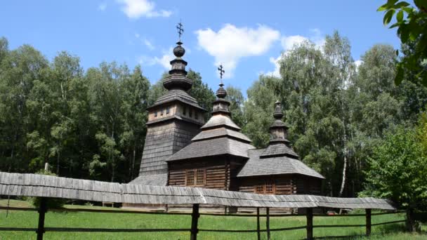 Kerk Het Bos Een Oude Houten Orthodoxe Kerk Verhuisde Van — Stockvideo