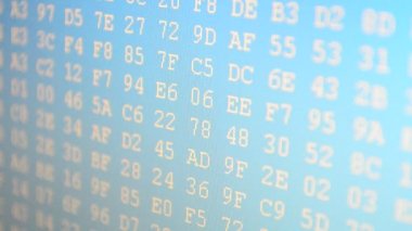 İkili değerler tablosu. Ekranda onaltılık program kodu. İkili kod numaralarının hareketli arkaplanı. Kod biçiminde bilgi.